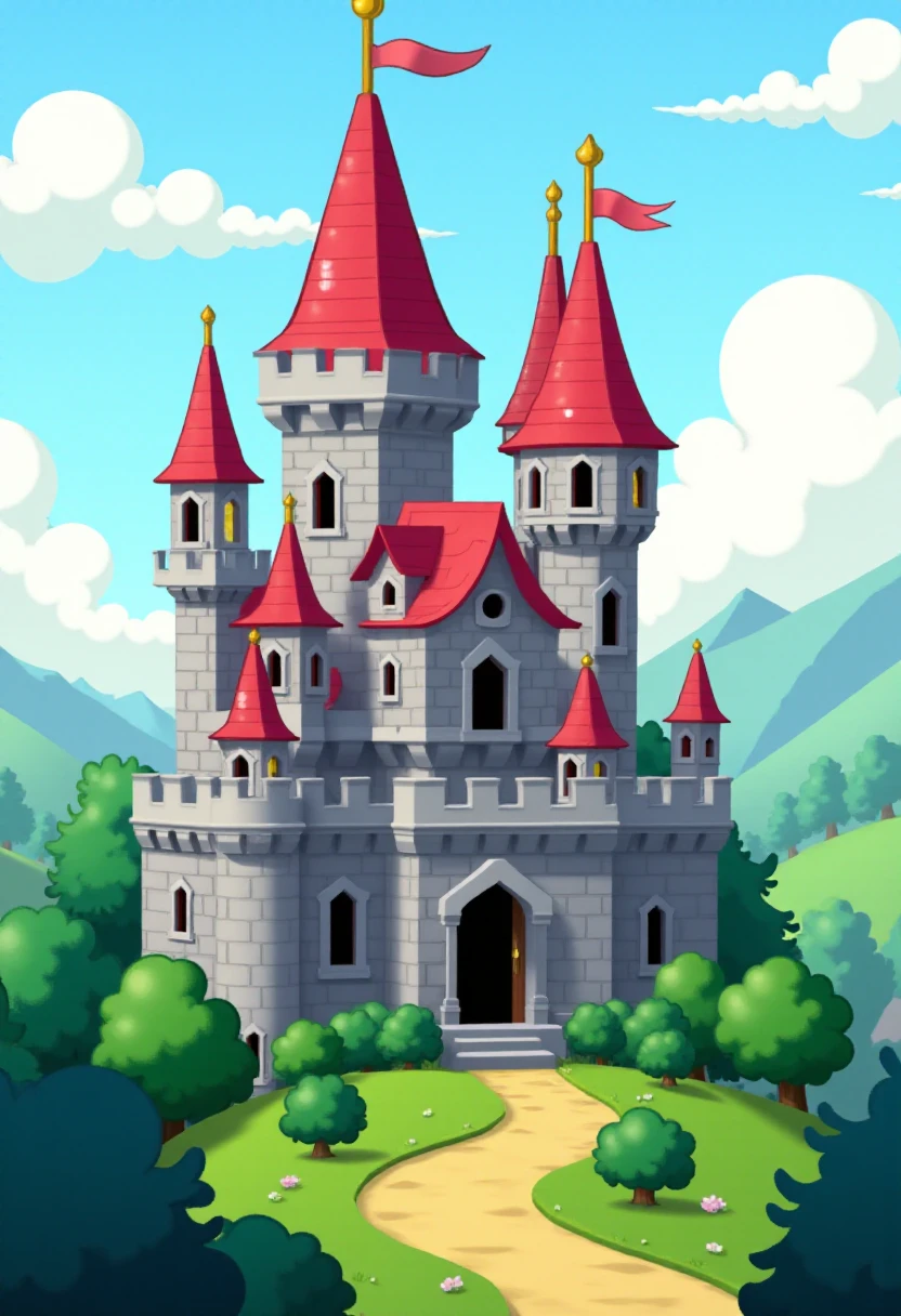 <lora:Paper_Mario_TTYD_Style_FLUX-Caption:1.1>
The image is a digital drawing in a cartoon pmttyd style, depicting  a medieval castle