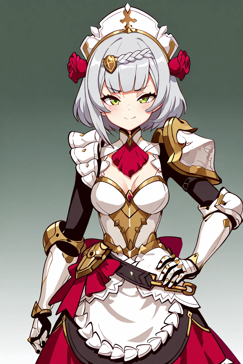 masterpiece, best quality, 1girl, solo, 21 year old model, eyelashes, (beautiful eyes),  zzNoelle, green eyes, grey hair, hair flower, hair ornament, short hair, white hair, braid,  maid headdress, armor, red rose, maid, gauntlets, shoulder armor, ,<lora:NoelleGenshinIXL:1.0>,   cowboy shot, hand on hip, smug, smile, looking at viewer, shiny skin,<lora:DiivesIXL:1.0>,