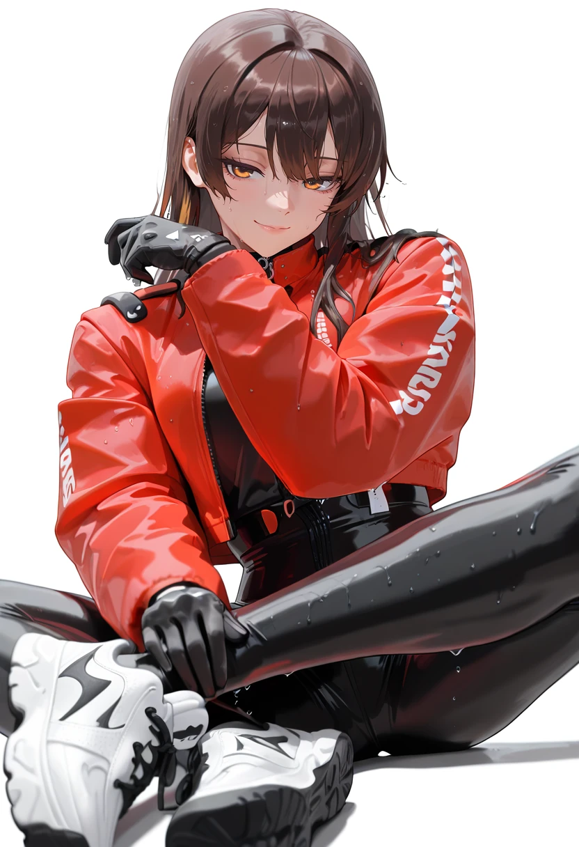 masterpiece,best quality,amazing quality,very aesthetic,absurdres,newest,
1girl, (sk997cos:1.2),  sk01 jacket, sk02 sneakers, 
red jacket, 
brown hair,
wet hair,
seductive smile, 
black gloves,
Lying down on the back gazing at the sky  , (white background:1.1), 
<lora:997sk cosplay IL:1>