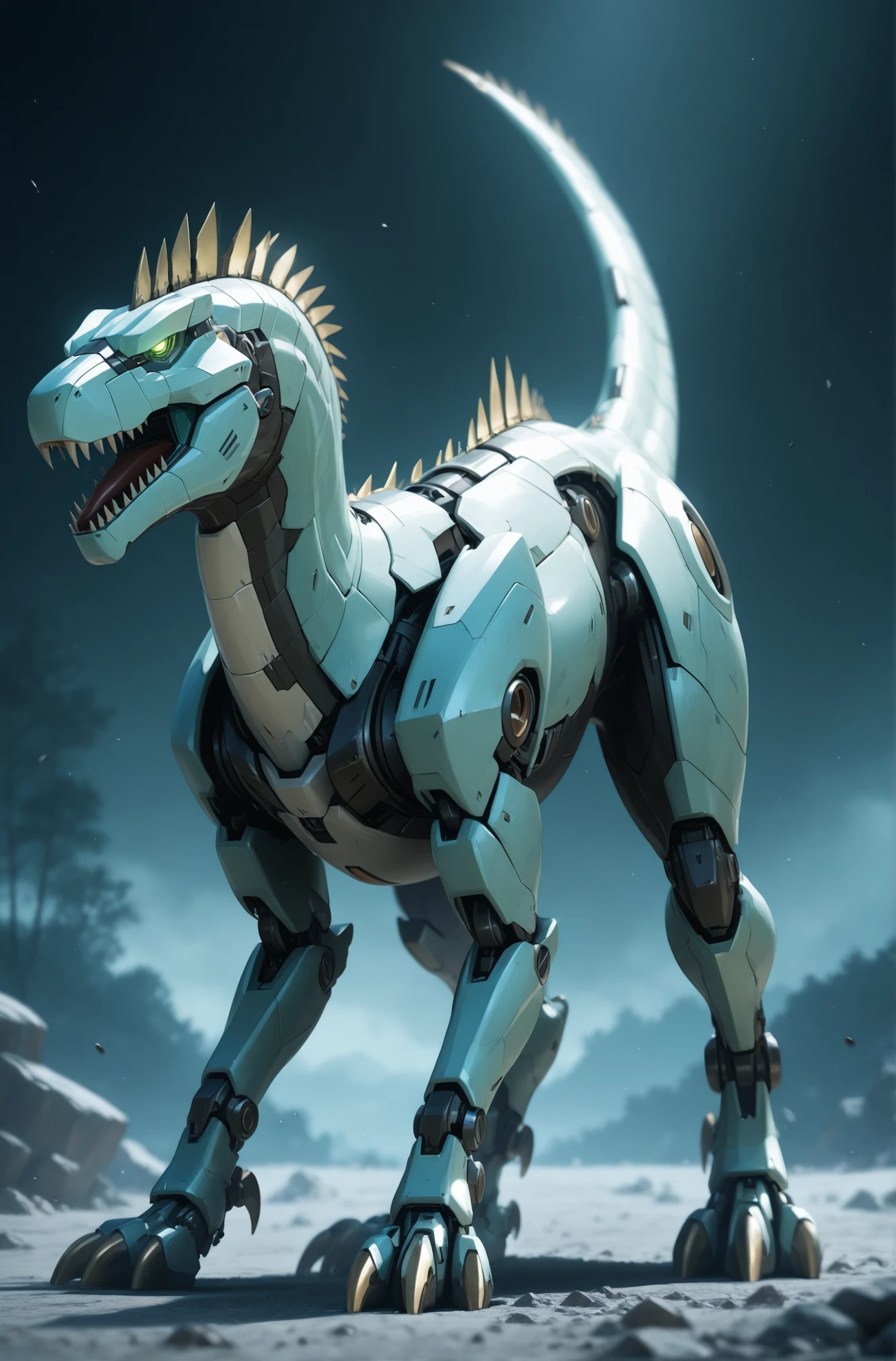 masterpiece, best quality, 2.5D, 
 <lora:Animal Mecha [IL]:0.9> animalmecha, no humans, mecha, non-humanoid robot, dinosaur,