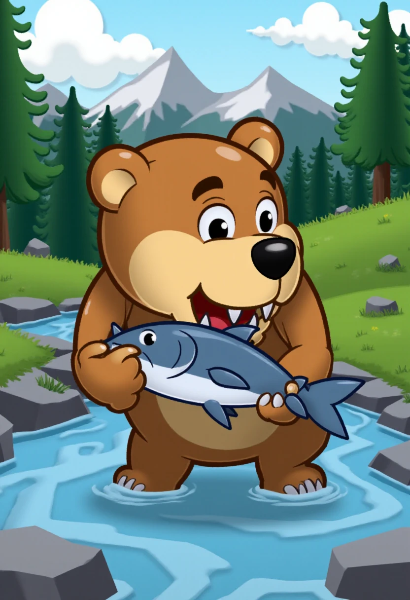 <lora:Paper_Mario_TTYD_Style_FLUX-Caption:1.1>
The image is a digital drawing in a cartoon pmttyd style, depicting  a bear eating salmon from a stream