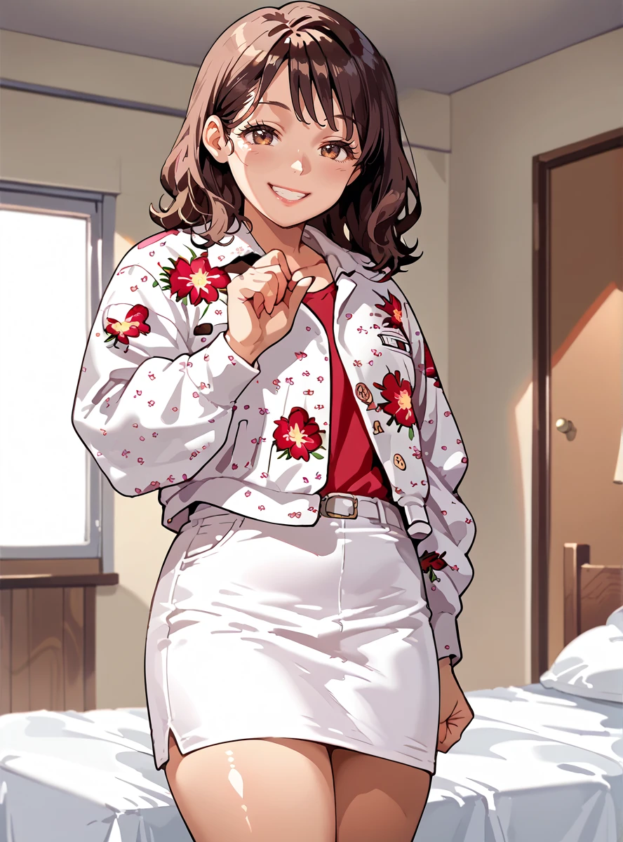 score_9, score_8_up, score_7_up, score_6_up,source_anime anime screencap,, uncensored,  shiny skin, anime coloring,    <lora:KazumiHoshikawa:1>kazumihoshikawa, solo, shirt, smile, jacket floral print,  thick thighs,  shiny skin, indoors white_Skirt, medium hair, brown hair, black_eyes