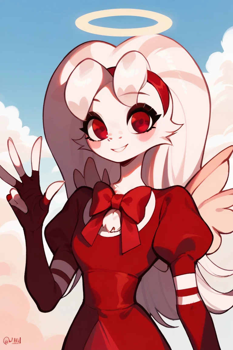 score_9, score_8_up, score_7_up, (solo, 1girl), (upper body, cowboy shot), source_furry, 
mollydust, long hair, white hair, halo, red eyes, headband, neck bow, wings, red dress, eyelashes, v neck dress, red fingerless gloves, puffy short sleeves,
cloudy heaven background, ((waving at the viewer)), looking at viewer, smile