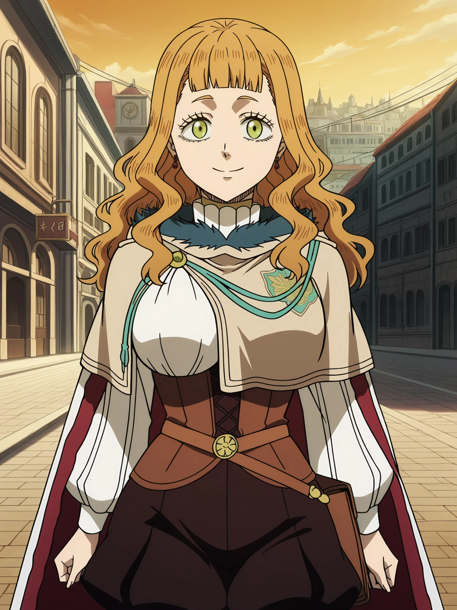 masterpiece, best quality, detailed background, anime screencap, Black Clover anime style, fully clothed, safe for work,
 <lora:Mimosa_Vermillion_Black_Clover_-_Illustrious:.8>1girl, solo, long hair, wavy hair, blunt bangs, green eyes, large breasts, earings, jewelry, outfit 1, smiling, happy girl, cute girl, breasts, 
looking at the viewer, in a city, looking at the viewer, cowboy shot