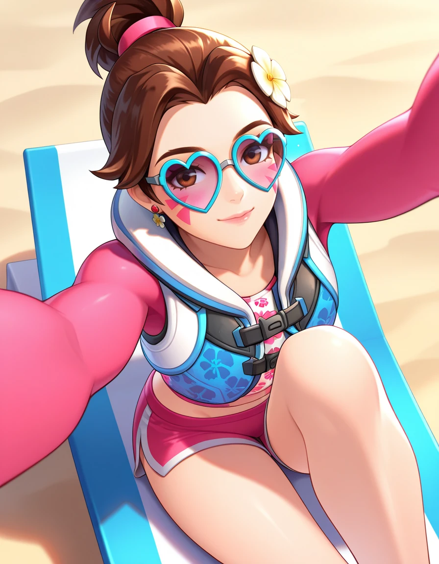 Masterpiece, high-res, 2k, best quality,  1 girl,  d.va (overwatch), waveracer ,  pink shorts, at the beach ,  Sitting with one leg raised and arms reaching forward<lora:waveracer illus-000045:1>