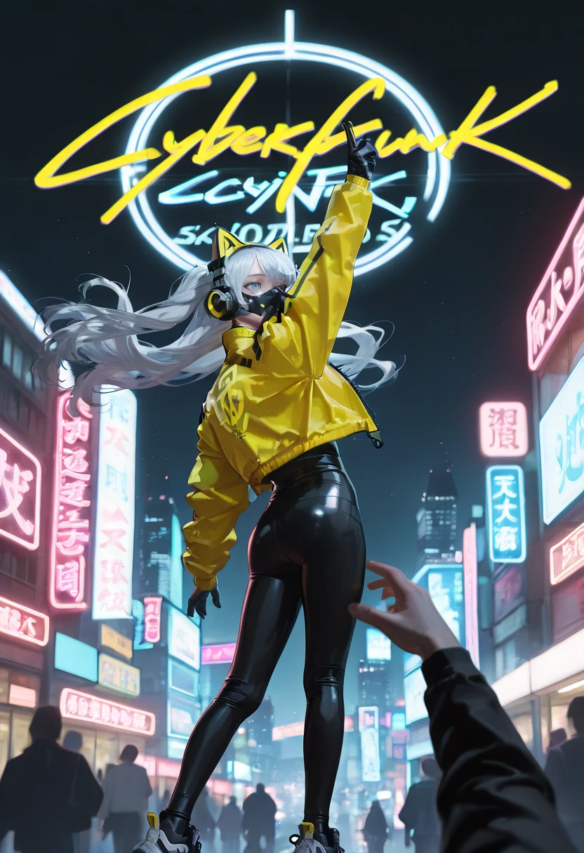 masterpiece,best quality,amazing quality,very aesthetic,absurdres,newest,scenery,
1girl, sk997cos, sk01 jacket, sk03 headphones, sk04 mask, yellow jacket, black gloves, sk02 sneakers,
floating hair,  
silver hair,
curly hair,
  Posing with one hand on the hip other arm reaching up.  , cyberpunk city ,black sky,clear night sky,starry night,mist,gothic architecture, neon lights,
<lora:997sk cosplay IL:1>