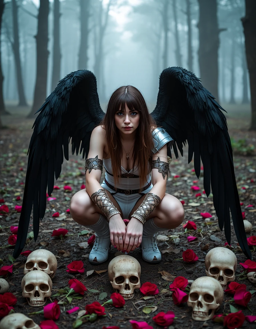 photo of a sad female fallen angel with black wings in a foggy swamp,light leather armor,squatting,looking at viewer,skulls and red roses on ground,bright blue eyes,vibrant colors,intricate,soft lighting,high quality,film grain,sharp focus,Luis Royo style,Black and color