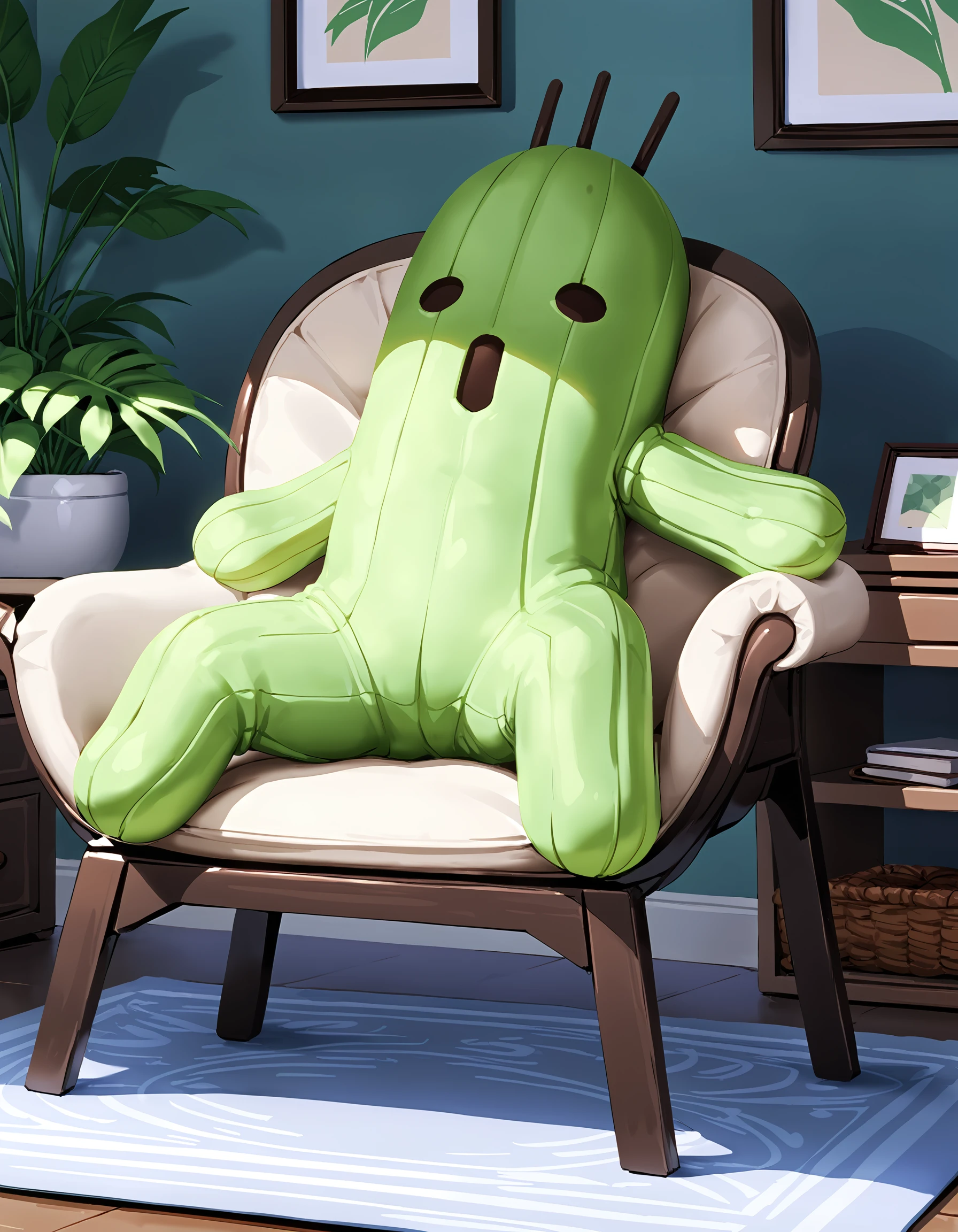 zPDXL3,full_body,living room,chair,1other,<lora:Pony_DetailV2.0:1>,day,
BREAK cactuar,no humans,green skin,<lora:cactuar-pony:1>,sitting,sleeping,closed eyes,