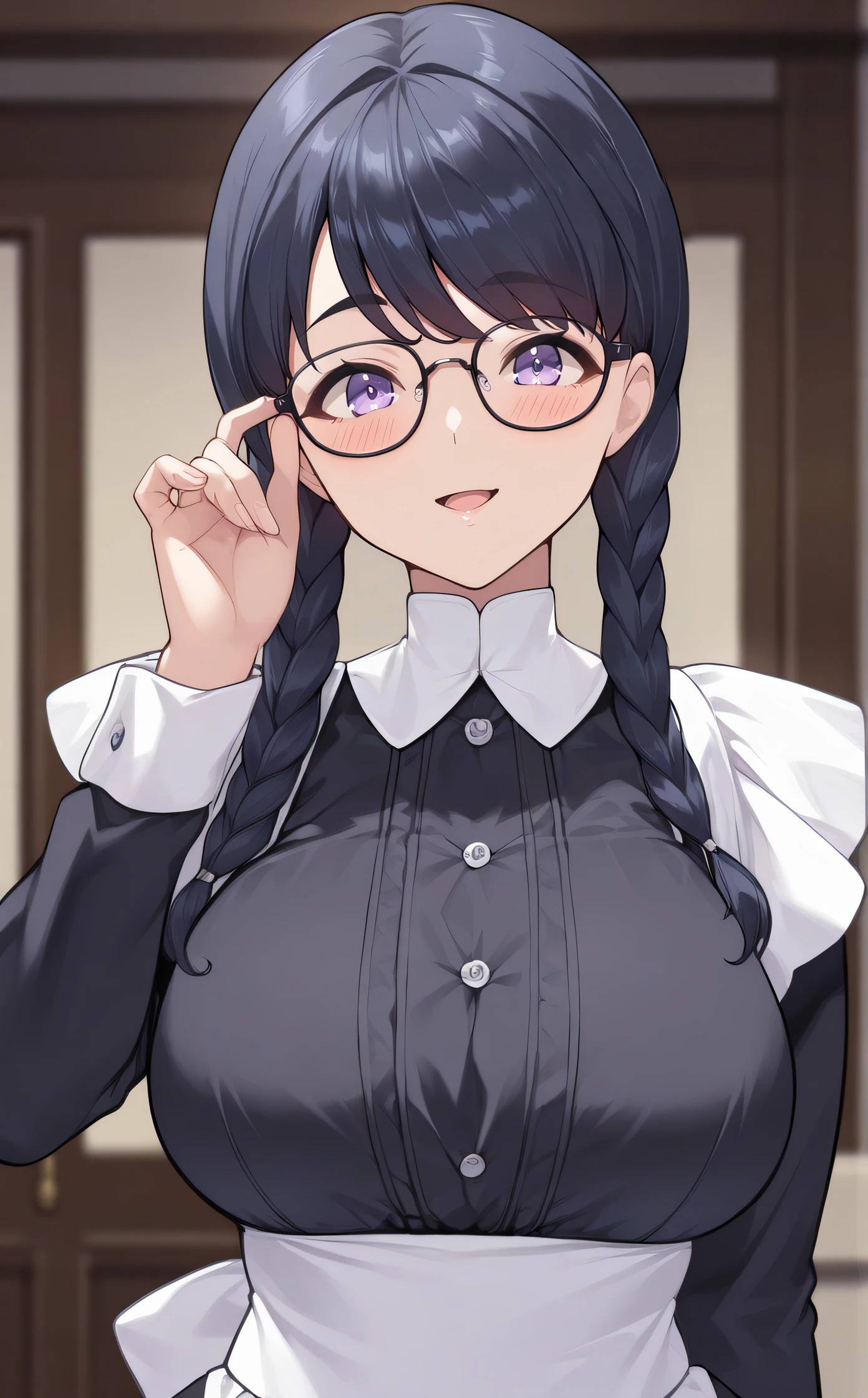 masterpiece, best quality, highres, newest, scenary, 1girl, official style, <lora:Takahara_Ren:1>, takahararen, glasses, large breasts, maid dress, buttoned, looking at viewer, smile, blush, adjusting eyewear, upper body, open mouth, five fingers, detailed hands