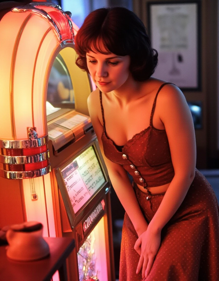 <lora:cindy-williams-flux:1.2> the, woman, her  <lora:r0ckabilly style:1> r0ckb1ll1, the, with, and standing at the jukebox in a brightly lit soda shop