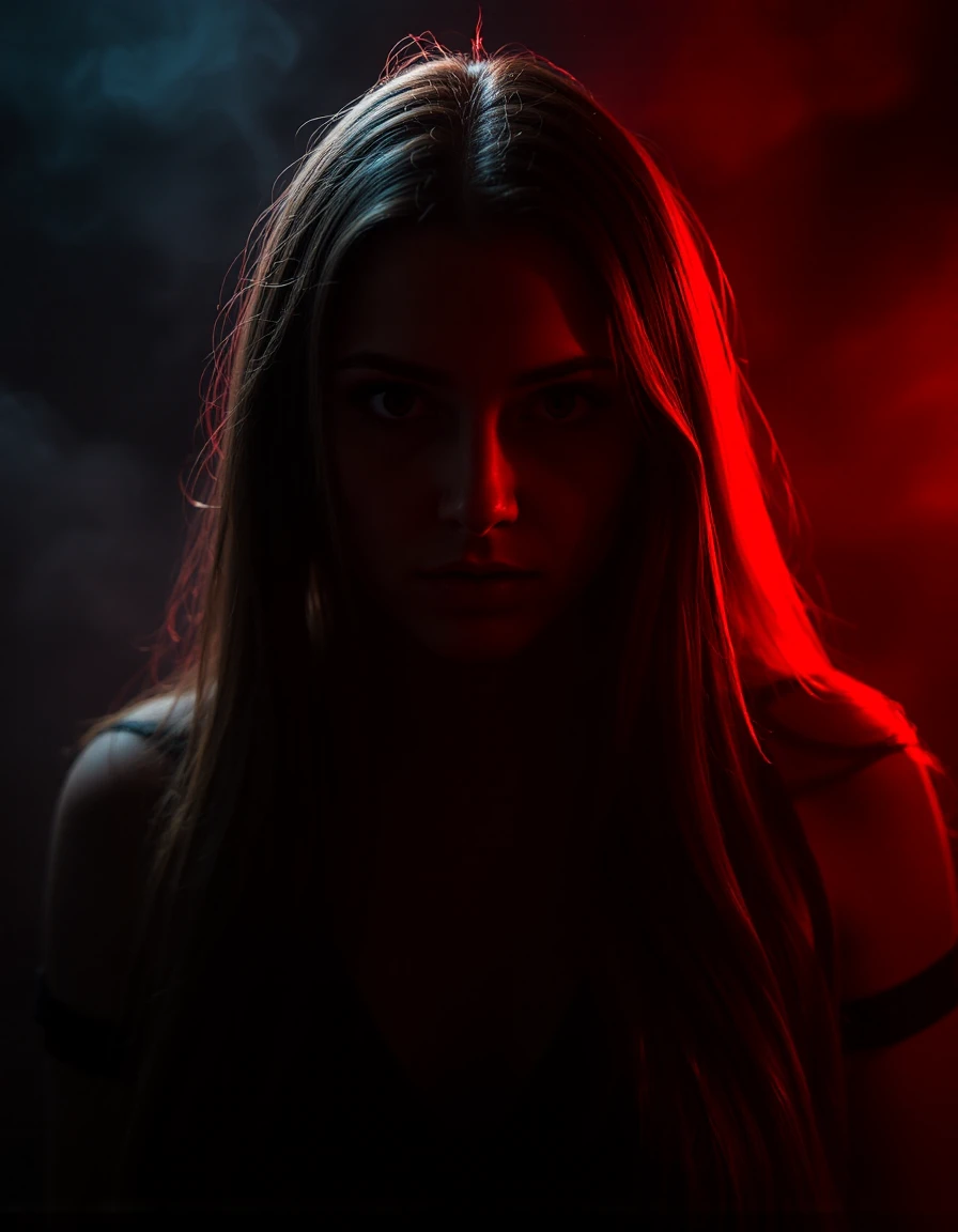 1girl, long hair, low light, dramatic lighting, darkness, eye lighting, smoke, red light, shallow depth of field, vignette, highly detailed, high budget, bokeh, cinemascope, moody, epic, gorgeous, film grain, grainy