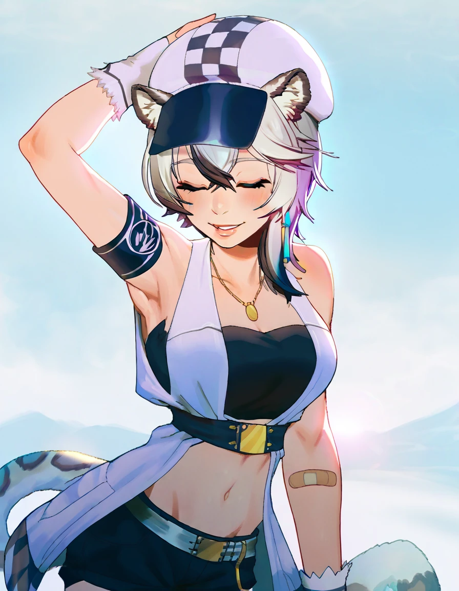 score_9, score_8_up, source_anime, masterpiece, best quality, amazing quality, very aesthetic, absurdres, newest, scenery, volumetric lighting, source_anime, vibrant colors, arknights, ensia silverash, highres, 1girl, :d, ^_^, animal ear fluff, animal ears, arm up, armband, bandaid, bandaid on arm, bare shoulders, black hair, black shorts, blush, breasts, cabbie hat, checkered clothes, checkered headwear, closed eyes, facing viewer, grey hair, hair between eyes, hand on headwear, hat, jacket, multicolored hair, shorts, simple background, sleeveless, sleeveless jacket, small breasts, smile, snow leopard ears, snow leopard girl, snow leopard tail, solo, streaked hair, tail, white background, white hat, white jacket BREAK <lora:incase_style_v3-1_ponyxl_ilff>, <lora:Ensia_Silverash>