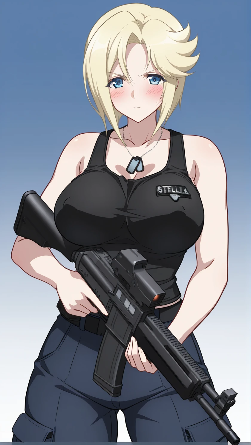 perfect quality, best quality, absolutely eye-catching, masterpiece, absurd res, ambient occlusion, raytracing, 1girl, solo, Stella, perky breasts, black tank top, blue combat pants, dog tags, holding gun, serious, blush