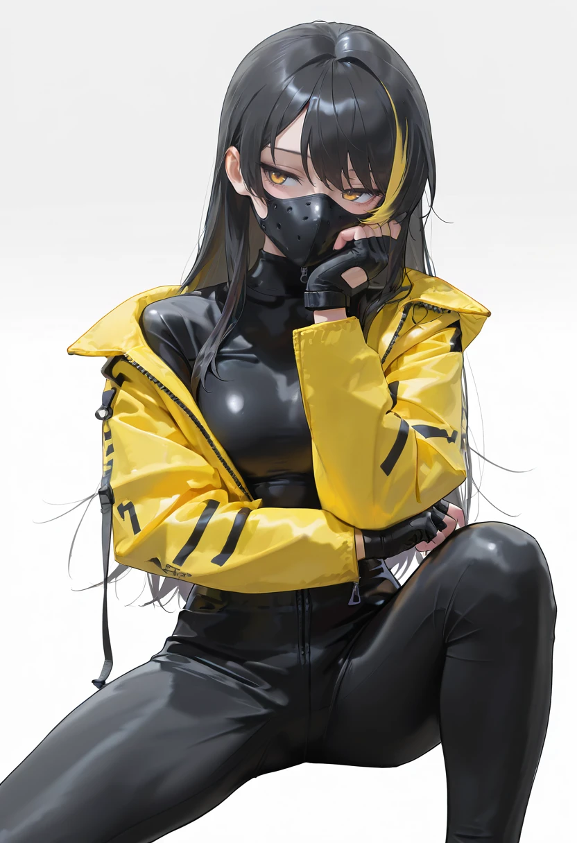 masterpiece,best quality,amazing quality,very aesthetic,absurdres,newest,
1girl, sk997cos,  sk01 jacket, yellow jacket, open jacket,  sk04 mask, multicolored hair, 
seductive smile, 
black gloves, fingerless gloves, 
Sitting with one knee bent looking thoughtful  , (white background:1.1), 
<lora:997sk cosplay IL:1>