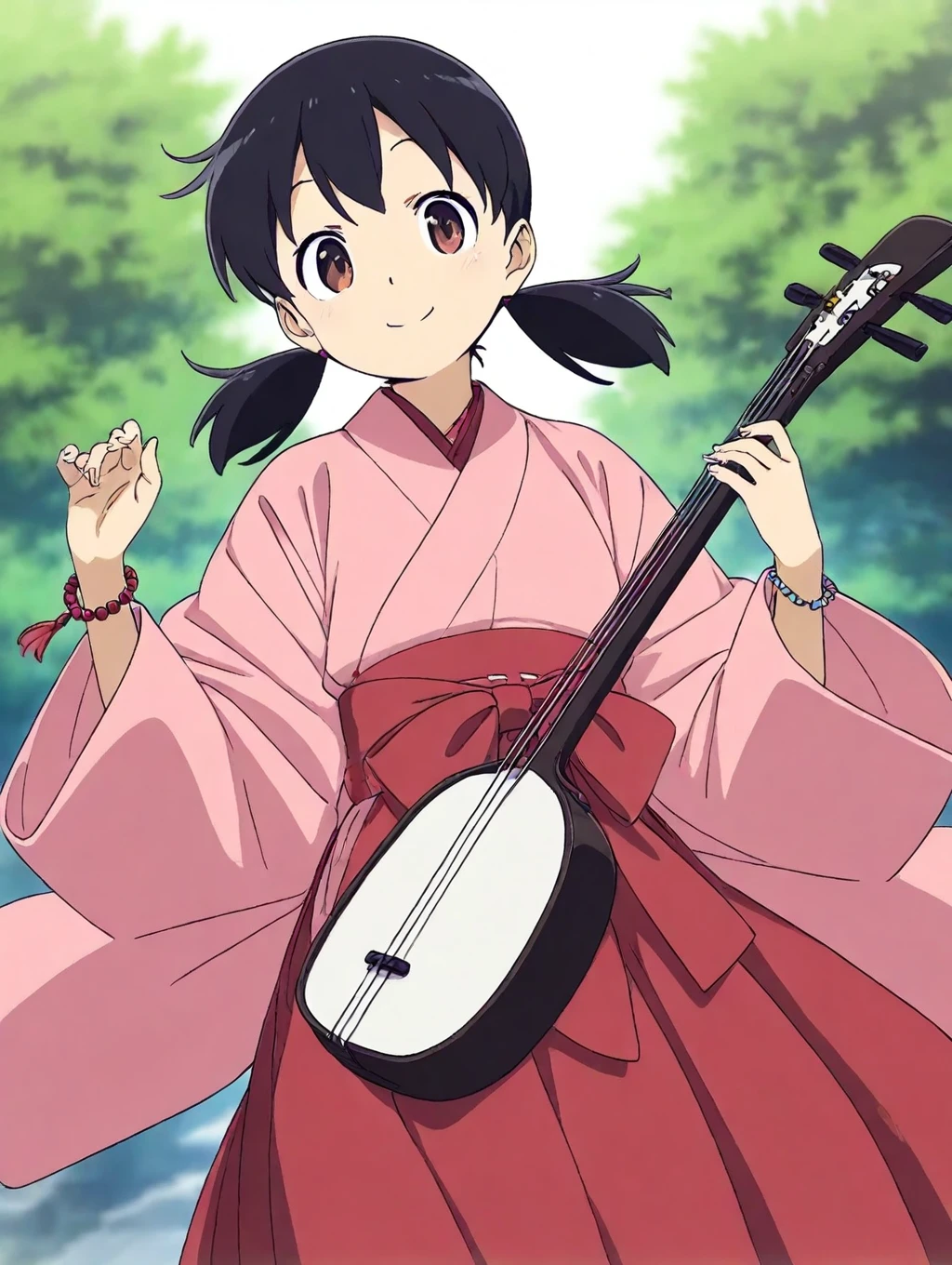 minamoto shizuka,1girl, black hair, solo, japanese clothes, kimono, looking at viewer, smile, beads, jewelry, wide sleeves, holding shamisen, bracelet, blurry, instrument, detailed skin, masterpiece, best quality, 
 <lora:cth7l4le878c73f6r6c0:0.9>