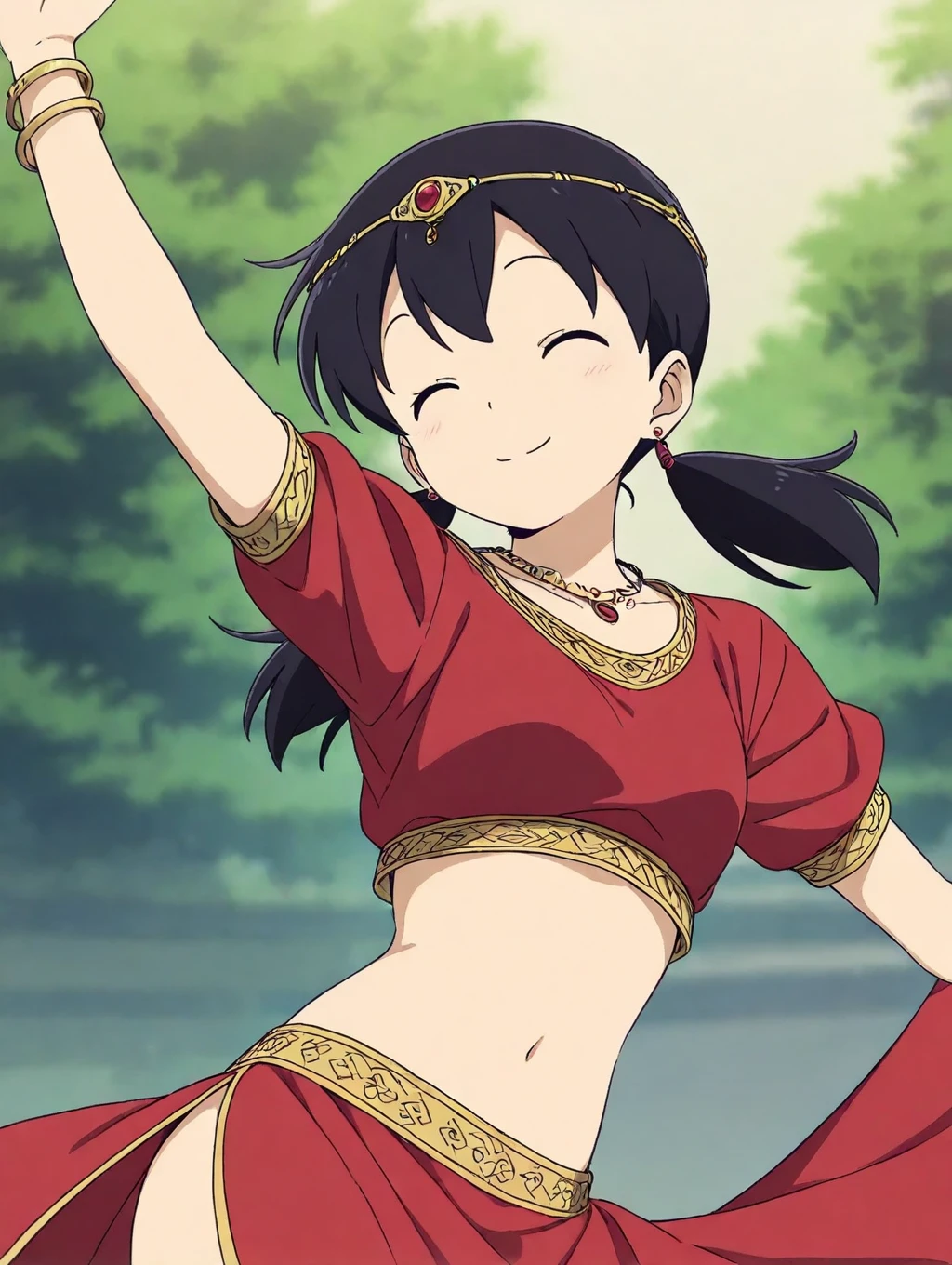 minamoto shizuka,1girl, jewelry, navel, solo, midriff, long hair, closed eyes, earrings, dancer, bracelet, skirt, black hair, short sleeves, red skirt, blurry, dancing, necklace, arm up, crop top, arabian clothes, stomach, long skirt, closed mouth, blurry background, bokeh, depth of field, circlet, breasts, shirt, standing,detailed skin, masterpiece, best quality, 
 <lora:cth7l4le878c73f6r6c0:0.9>