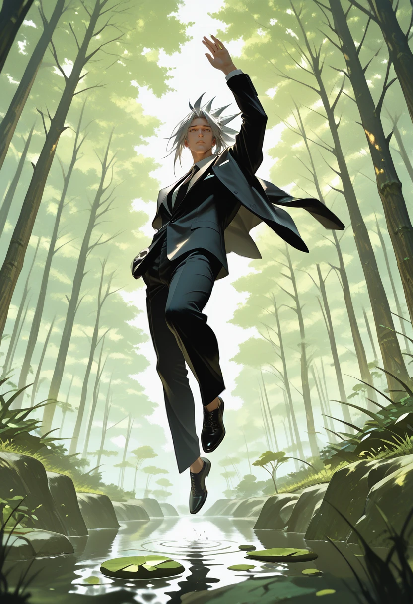 masterpiece, best quality, vibrant, very aesthetic, high contrast, 1boy, <lora:Amidamaru_Shaman_King_ILLU:0.8> amdmr_shkg, pant suit, jumping, from below, pond, masterwork, raytracing, highly detailed, absurdres, masterful composition, cinematic lighting, rim lighting