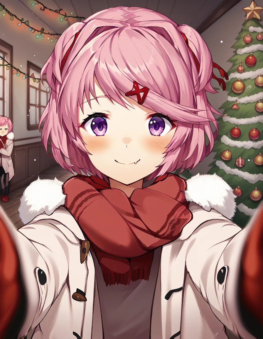 score_9, score_8_up, score_7_up, source_anime, <lora:ddlc-natsuki-ingame-ponyxl-lora-nochekaiser:1>, natsuki, fang, hair ornament, pink hair, purple eyes, short hair, short sidetail, swept bangs, x hair ornament,, <lora:pov-cheek-warming-ponyxl-lora-nochekaiser:1>, pov cheek warming, pov cheek warming (meme), winter gloves, duffel coat, fur-trimmed scarf, winter clothes, red mittens, meme, winter coat, red scarf, fur-trimmed coat, reaching towards viewer, reaching, mittens, fur-trimmed hood, white coat, open coat, scarf, coat, red gloves, snowing, pov, fur trim, depth of field, smile, blush,, christmas, christmas tree, christmas lights,, , dutch angle, cowboy shot