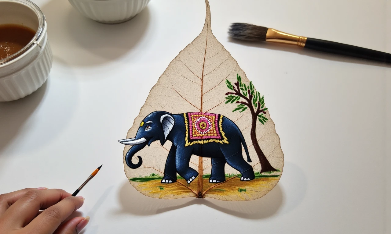 peplatr , Detailed painting of an elephant on a large, translucent, dried leaf.  Intricate veins of the leaf form a natural frame.  The elephant is depicted in profile, walking, with a decorative saddle on its back, painted in shades of pink, yellow, and gold.  The animal's coloration is dark blue-black.  The elephant's body language is calm and serene.  The leaf is set on a table.  A small tree is painted on the right portion of the leaf, with stylized green foliage and brown trunk.  Subtle green tones suggest grass or ground around the elephant's feet, painted on the leaf.  The colors are muted and natural, with rich, detailed brushstrokes.  The style appears traditional, maybe Indian miniature-style, using natural colors and emphasizing the structure of the leaf. The lighting is diffused, casting no harsh shadows, creating a soft, tranquil mood.  The technique is meticulous, highlighting a delicate combination of natural forms and artistic interpretation.  The overall impression is of an artwork that blends nature and art effortlessly. Organic textures, delicate details, and tranquility are key elements.

