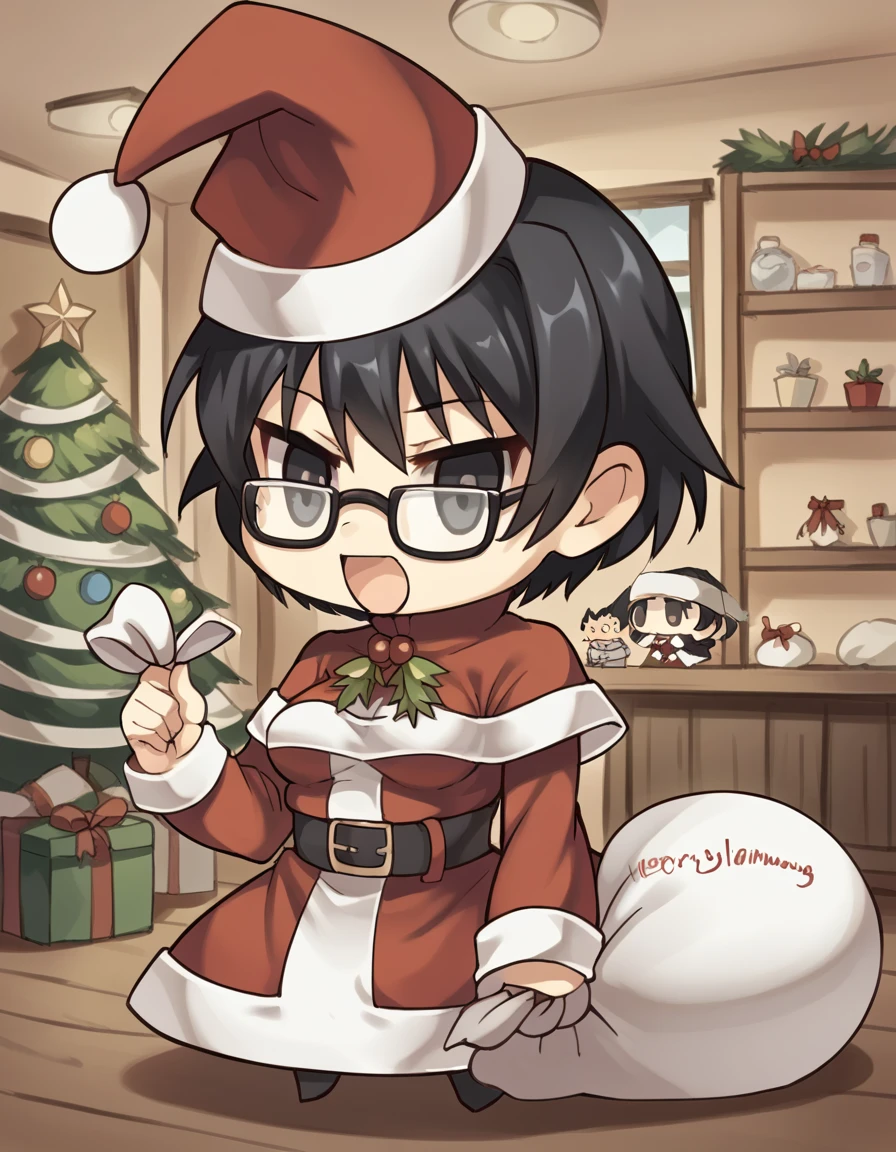 score_9, score_8_up, score_7_up, source_anime, <lora:shizune-hakamichi-ingame-ponyxl-lora-nochekaiser:1>, shizune hakamichi, short hair, black hair, glasses, black eyes, medium breasts,, <lora:padoru-ponyxl-lora-nochekaiser:1>, padoru, padoru (meme), holding sack, sack, santa hat, meme, christmas, open mouth, chibi, red capelet, santa dress, capelet, fur-trimmed headwear,, , dutch angle, cowboy shot