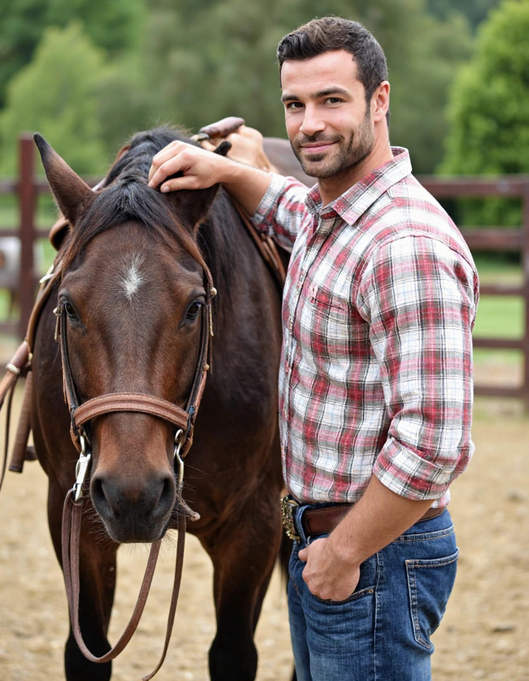 b3ns74rr a man standing on a ranch. he is handsome. he is muscular. he is wearing a plaid shirt with rolled up sleeves. he is wearing blue jeans. he has a smile on his face. he is looking at you. he is brushing a horse coat. the horse is brown.

