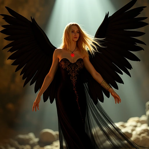 A celestial figure with large black feathered wings spread dramatically, illuminated by soft ambient light. She has flowing blonde hair with red-tipped strands and wears a sheer, flowing black gown adorned with intricate golden-red patterns. Her graceful pose, with outstretched arms and serene expression, conveys an ethereal, angelic presence. A glowing red gemstone pendant rests at her neck, complementing her delicate gold bracelets and jewelry. The setting is a mystical cavern bathed in soft, warm light, enhancing the shadows and textures of her wings and gown