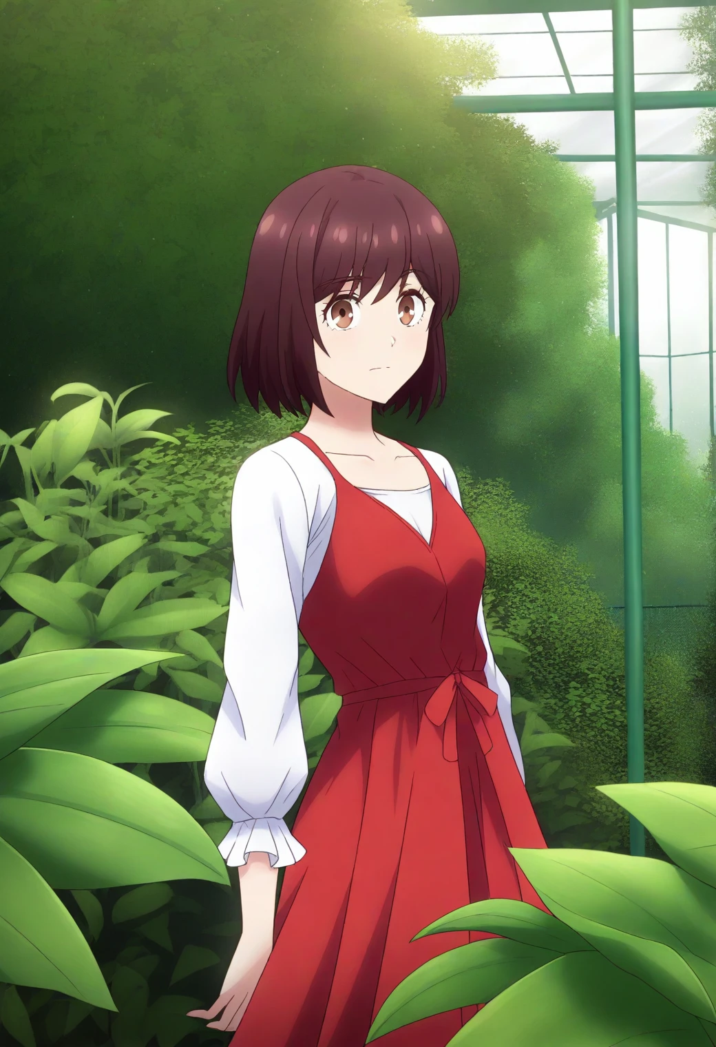 <lora:Rae Taylor - [Watashi no Oshi wa Akuyaku Reijou] - illustriousXL v1:1>, sysdeep_rae, brown hair, brown eyes, short hair, solo Abandoned greenhouse, loose dress, surrounded by wild plants, style parody