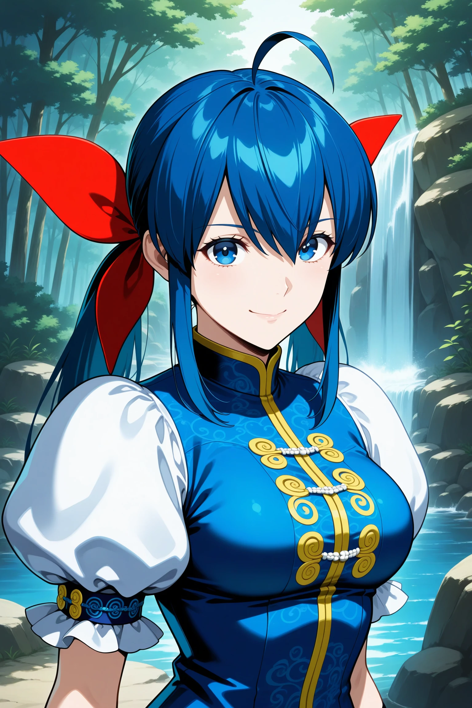 masterpiece, best quality, amazing quality, highres, absurdres, very aesthetic, high resolution, ultra detailed, perfect details, 1girl, outdoors, forest, waterfall, medium breasts, futaba hotaru, long hair, blue hair, twintails, hair bow, hair between eyes, sidelocks, ahoge, chinese clothes, puffy short sleeves, wristband, baggy pants, flats, <lora:Hotaru_Futaba_ILXL:0.8>, (aged up:1.4), (portrait:1.8), looking at viewer, anime screencap, anime coloring, smile