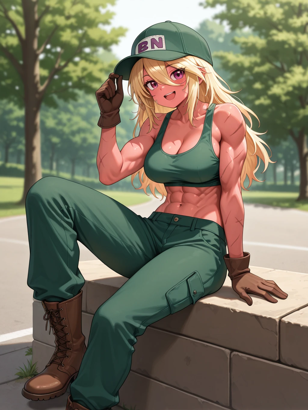 beth, 1girl, solo, long hair, smile, open mouth, blonde hair, large breasts, gloves, hat, navel, cleavage, hair between eyes, medium breasts, sitting, purple eyes, :d, boots, midriff, pants, pink eyes, tree, scar, brown footwear, abs, tank top, baseball cap, muscular female, green pants, red skin

masterpiece, best quality,amazing quality, very aesthetic, absurdres, depth of field, blurry background, extremely detailed face, detailed eyes