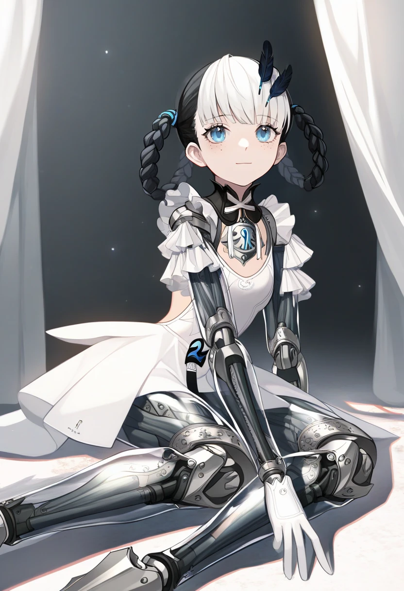 solo, 
two-tone hair, black hair, white hair, twin braids, blue eyes,feather hair ornament, white gloves, freckles, light smile, feet,
white dress, mechanical arms, mechanical legs, translucent skin,
sitting, yokozuwari, 
white curtains,
brooch,
ballet,
masterpiece, best quality
<lora:bambinataNOOB10:1>