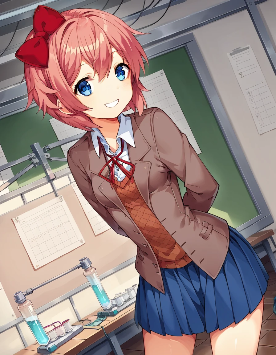 score_9, score_8_up, score_7_up, source_anime, <lora:ddlc-sayori-ingame-ponyxl-lora-nochekaiser:1>, sayori, blue eyes, hair between eyes, hair bow, hair ornament, pink hair, red bow, short hair,, blue skirt, pleated skirt, school uniform, skirt, brown jacket, jacket,, laboratory, beakers, microscope, scientist, experiments, smile, hands behind back, bent over,, looking at viewer, solo,, dutch angle, cowboy shot