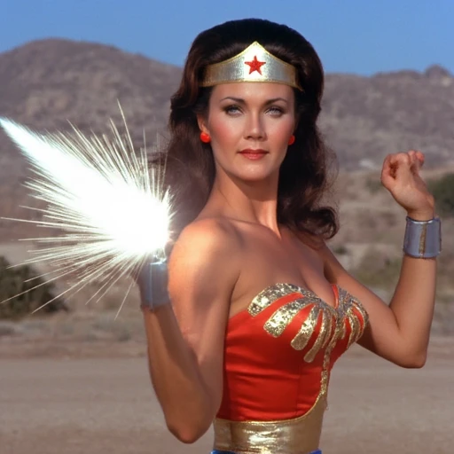 confident expression on her face., characteristic of Wonder Woman's costume., flexing her bicep with a burst of light emanating from her hand, Wonder Woman. The image is a photograph of a woman dressed as Wonder Woman, dark hair styled in loose waves, a fictional superheroine. The image is a color photograph taken from a movie or TV series. The subject is a woman with long, possibly a desert setting