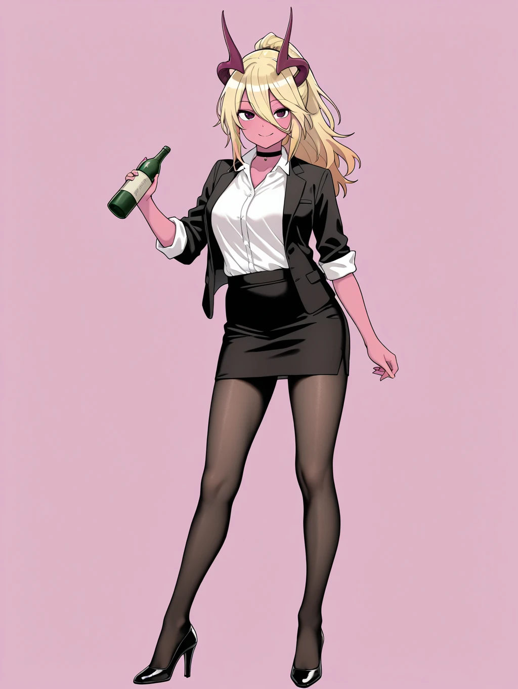 beth, 1girl, solo, long hair, looking at viewer, smile, skirt, blonde hair, simple background, shirt, holding, hair between eyes, standing, jacket, full body, white shirt, ponytail, pantyhose, open clothes, horns, choker, collared shirt, black skirt, black footwear, high heels, black jacket, black pantyhose, glowing, colored skin, formal, pink background, bottle, suit, sleeves rolled up, pencil skirt, purple background, holding bottle, office lady, purple skin, skirt suit


masterpiece, best quality,amazing quality, very aesthetic, absurdres, depth of field, blurry background, extremely detailed face, detailed eyes