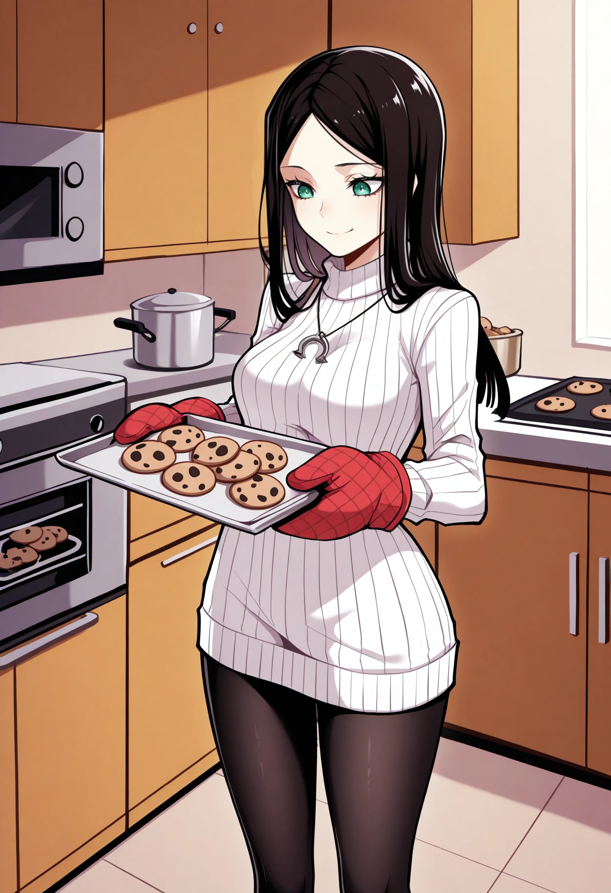 masterpiece, best quality, solo, 1girl, mcgeealice, slight smile, looking at food, standing, holding tray, food, cookie, white sweater, sweater dress, ribbed sweater, turtleneck, long sleeves, oven mitts, black pantyhose, necklace, indoors, kitchen, oven
<segment:yolo-face_yolov8m.pt,0.4,0.5//cid=1>