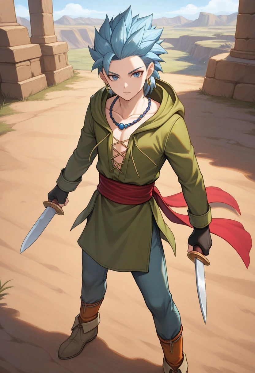 masterpiece, best quality, 

dqerik, 1boy, male focus, solo, blue eyes, blue hair, earrings, hoop earrings, short hair, single bang, spiked hair, jewelry, necklace, bead necklace, collarbone, tunic, green tunic, hood, long sleeves, gloves, fingerless gloves, sash, red sash, pants, blue pants, shoes, knives, dual wielding,

outdoor, 