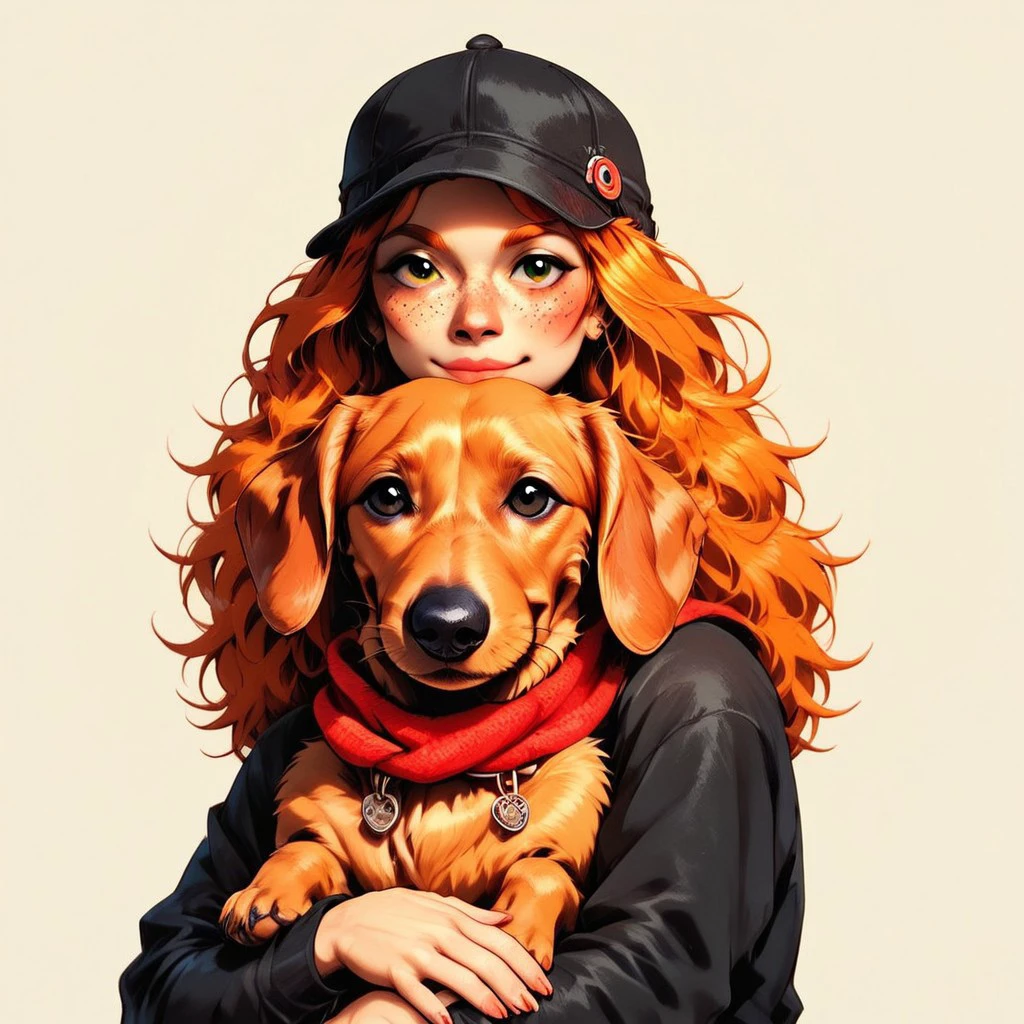 score_9, score_8_up, score_7_up, animal Focus, no humans, solo, Dachshund-PonyV1, Dachshund, dog, small dog, animal, black fur, scarf, hat, BREAK 1girl, ginger, freckless, pale, pale skin, ornage hair, long hair, hugging dog, hugging Dachshund, p3tl0v3