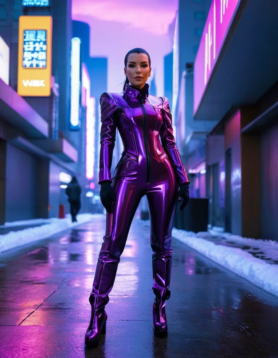 Techwear fashion, neonpunk style cyberpunk cityscape Photorealism <lora:RalliSDXL-000009:1>, full-body photo of RalliSDXL wearing (intricate:1.3) dark purple latex ,  suit pants , metallic brocade loafers   , collar, in a Frozen tundra, perfect face, (perfect eyes:1.2), outdoors, looking at the viewer, imperfect skin, realistic skin texture, skin pores, subsurface scattering, Photorealism, often for highly detailed representation, photographic accuracy, or visual illusion. . neon lights, dark alleys, skyscrapers, futuristic, vibrant colors, high contrast, highly detailed, cyberpunk, vaporwave, neon, vibes, vibrant, stunningly beautiful, crisp, detailed, sleek, ultramodern, magenta highlights, dark purple shadows, high contrast, cinematic, ultra detailed, intricate, professional, Futuristic, cyberpunk, urban, tactical, sleek, dark, highly detailed