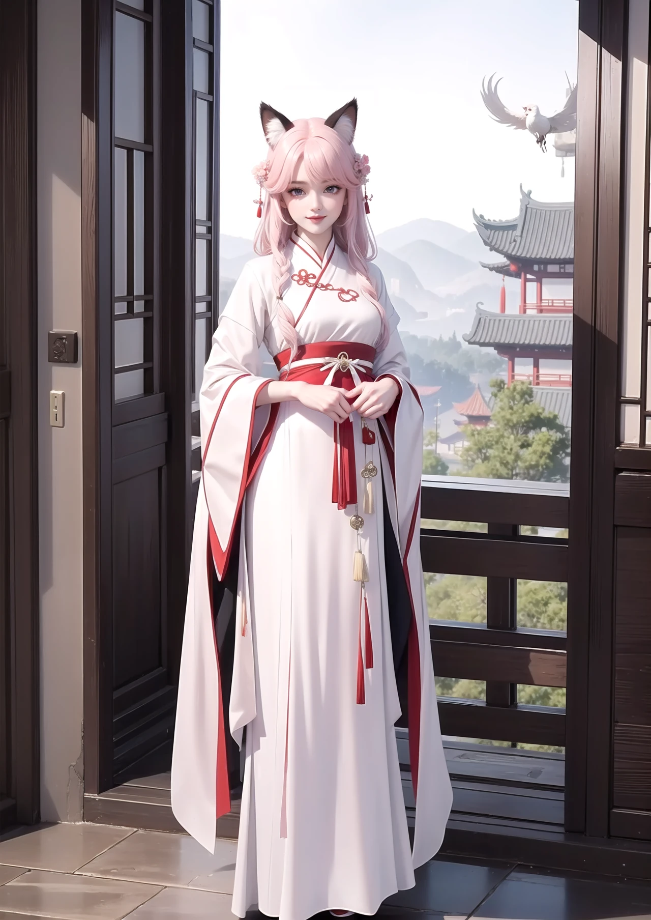 best quality,masterpiece,highres,official art,extremely detailed cg unity 8k wallpaper,1girl,cat ears,light pink hair,long hair,xianjing,hanfu,crane,full body,Ink scattering_Chinese style,lips,solo,fox ear,smile,looking at viewer,cowboy_shot,