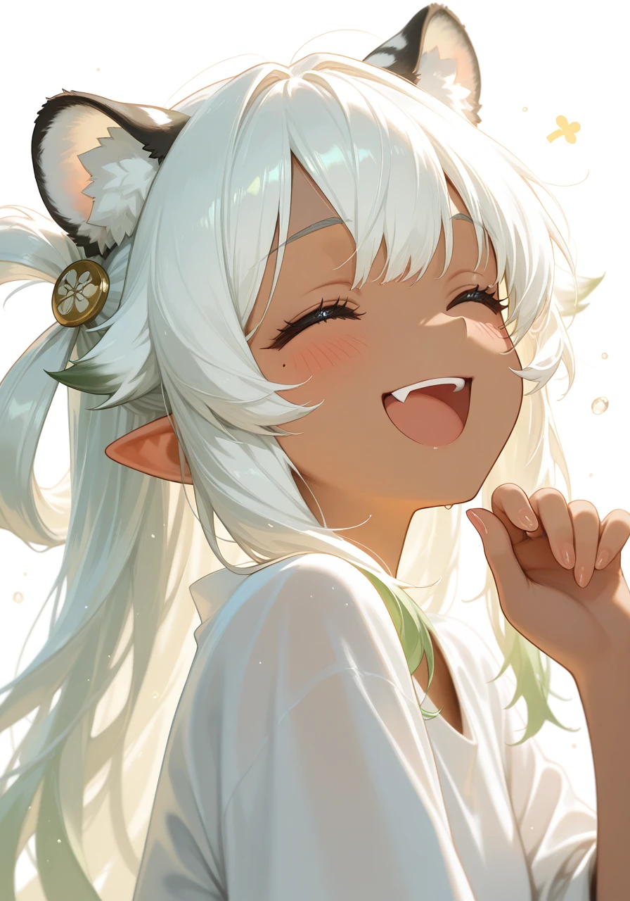 masterpiece, best quality, good quality, year 2023,
anime character, white hair, gold eyes, (dark skin), (fluffy big hair), white tiger ears, hair flaps, solo, girl, water particles, general, white background, pure, sidelighting, clear outlines, open mouth, solo, green hair, fang, closed eyes, smile, :d, laughing, long hair, pretty, hair rings, small pointy ears, blush, sidelocks, (dark skin), mole under each eye, hair ornament, shirt