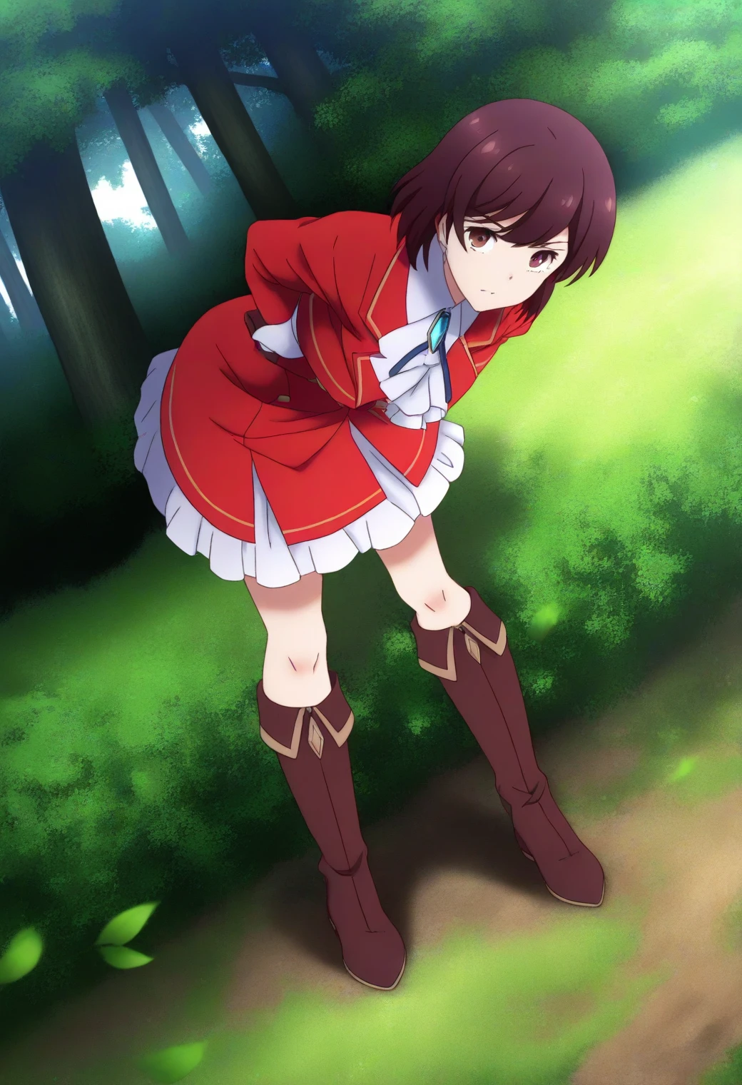 <lora:Rae Taylor - [Watashi no Oshi wa Akuyaku Reijou] - illustriousXL v1:1>, sysdeep_rae, brown hair, brown eyes, short hair, solo crimson boots, forest, crouching near stream, vigilant eyes, style parody