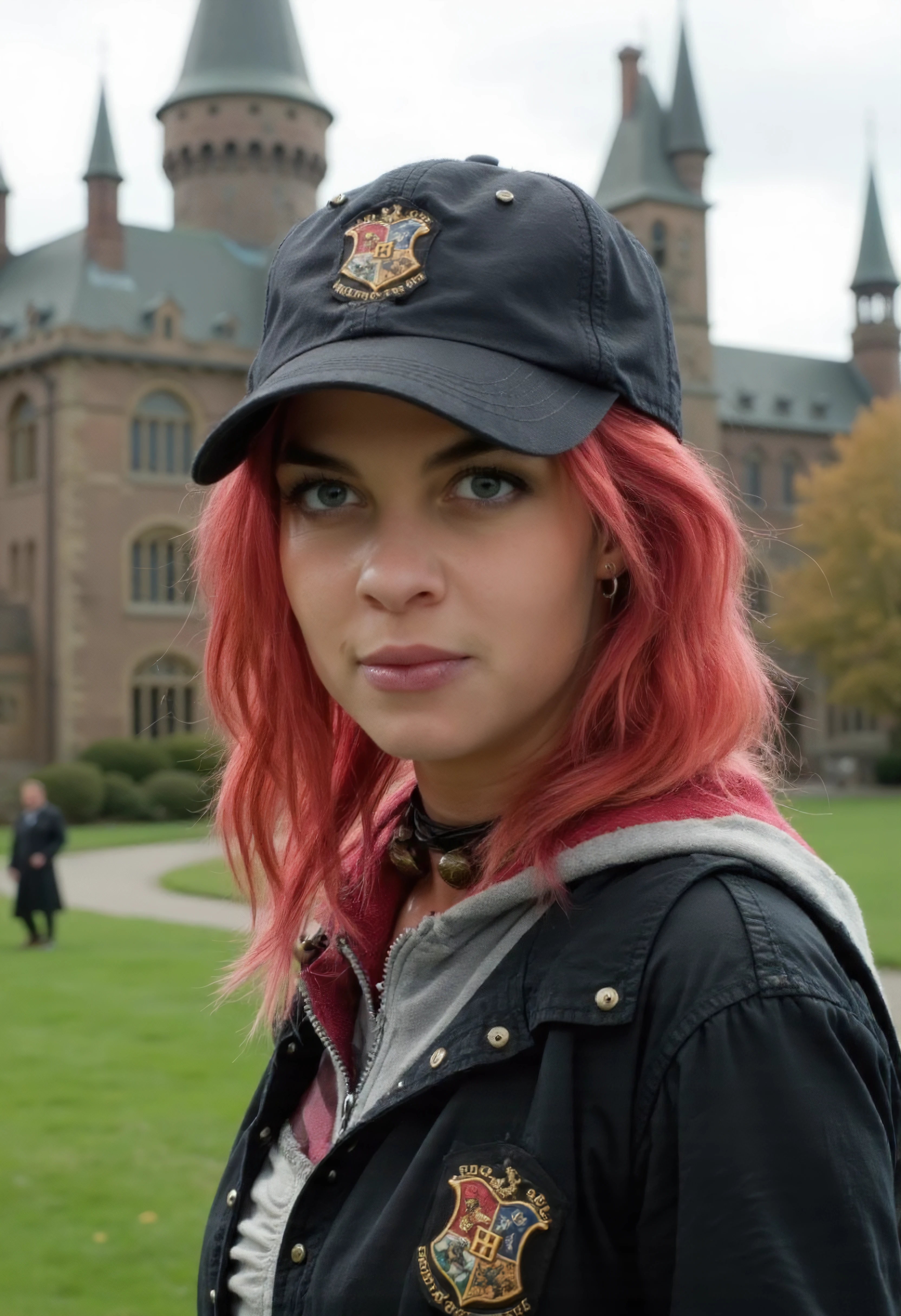 The image is a portrait of Nymphadora woman posing for a photo ,She has medium red hair,She is wearing cap,Hogwarts school uniform.She is outdoors with hogwarts castle in the background. Upper body photo. She is looking at viewer. Amateur photography.