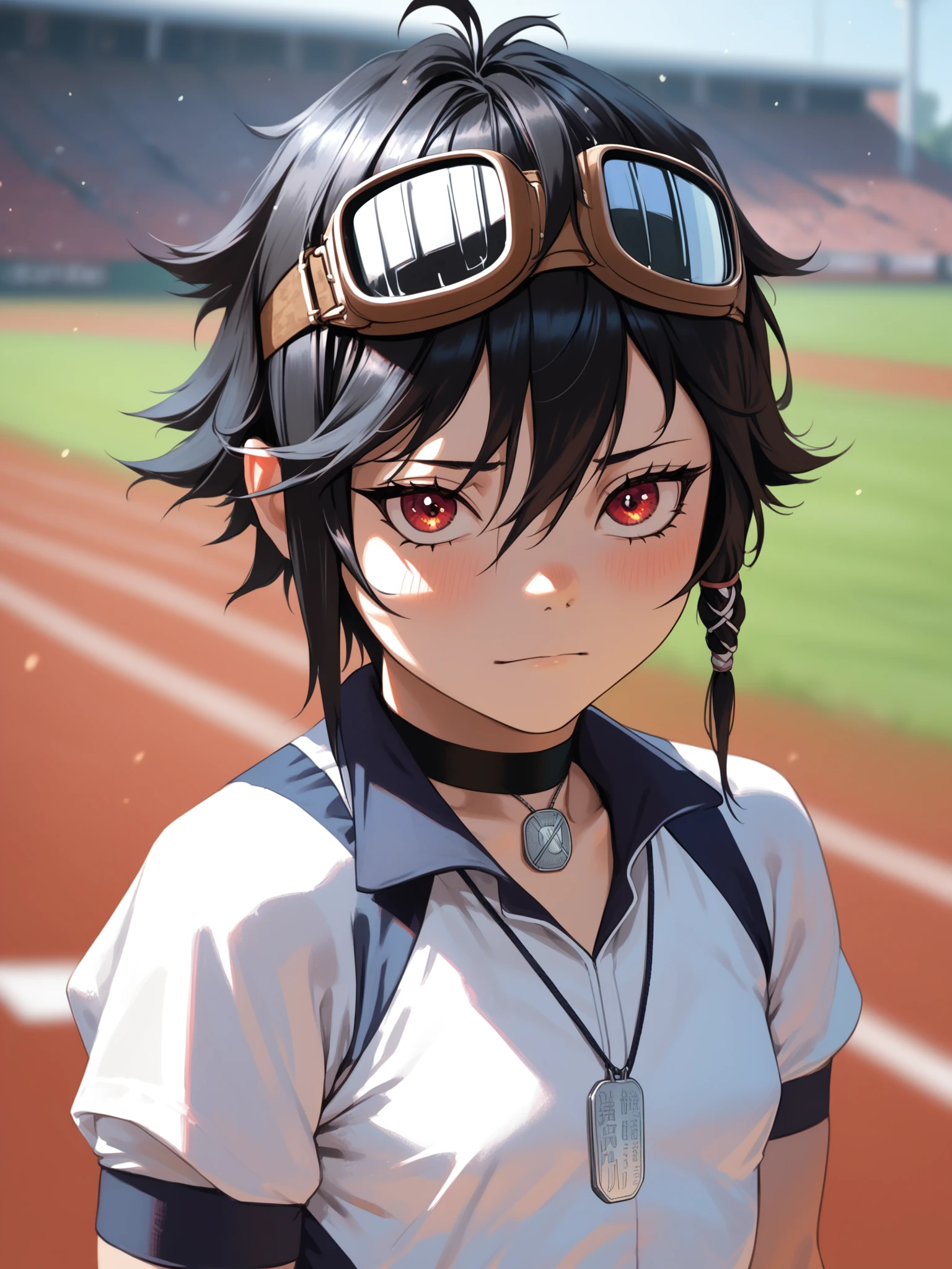 <lora:happy_tentacle-pastlulu-v0.1-000010:1>, ht_pastlulu, pendant choker, dog tags, goggles on head , shy, outdoors, track uniform, track and field, headband cowboy shot, 1girl, (petite:1.2), solo focus, (looking at viewer:1.1), , (depth of field:0.8), (from below:0.8), [(realistic, photorealistic:1.2):(realistic:1.3):24], [(3d:1.2)::10], <lora:LUUNA's Lunas-NijiJourney-SDXL-B2:0.5>, nijijourney, <lora:prgfrg23's Counterfeit-V3.0 Style SDXL_LoRA_Pony Diffusion V6 XL:0.3> <lora:Shed_The_Skin's StS_age_slider_v1_initial_release:-1.2>, score_9, score_8_up, score_7_up, score_6_up, score_5_up, score_4_up