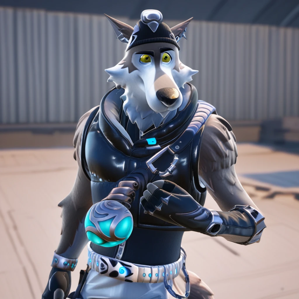 wendell, anthro wolf, tan and white fur, large pointed ears, yellow eyes, black beanie, earrings, black sleek sleeveless vest, glowing blue orb strapped across chest, metalic silver shorts with black trim and utility elements, silver belt, chain attached to belt, small pouch on his thigh, anthro feet, black fingerless gloves, black boots, wolf tail,