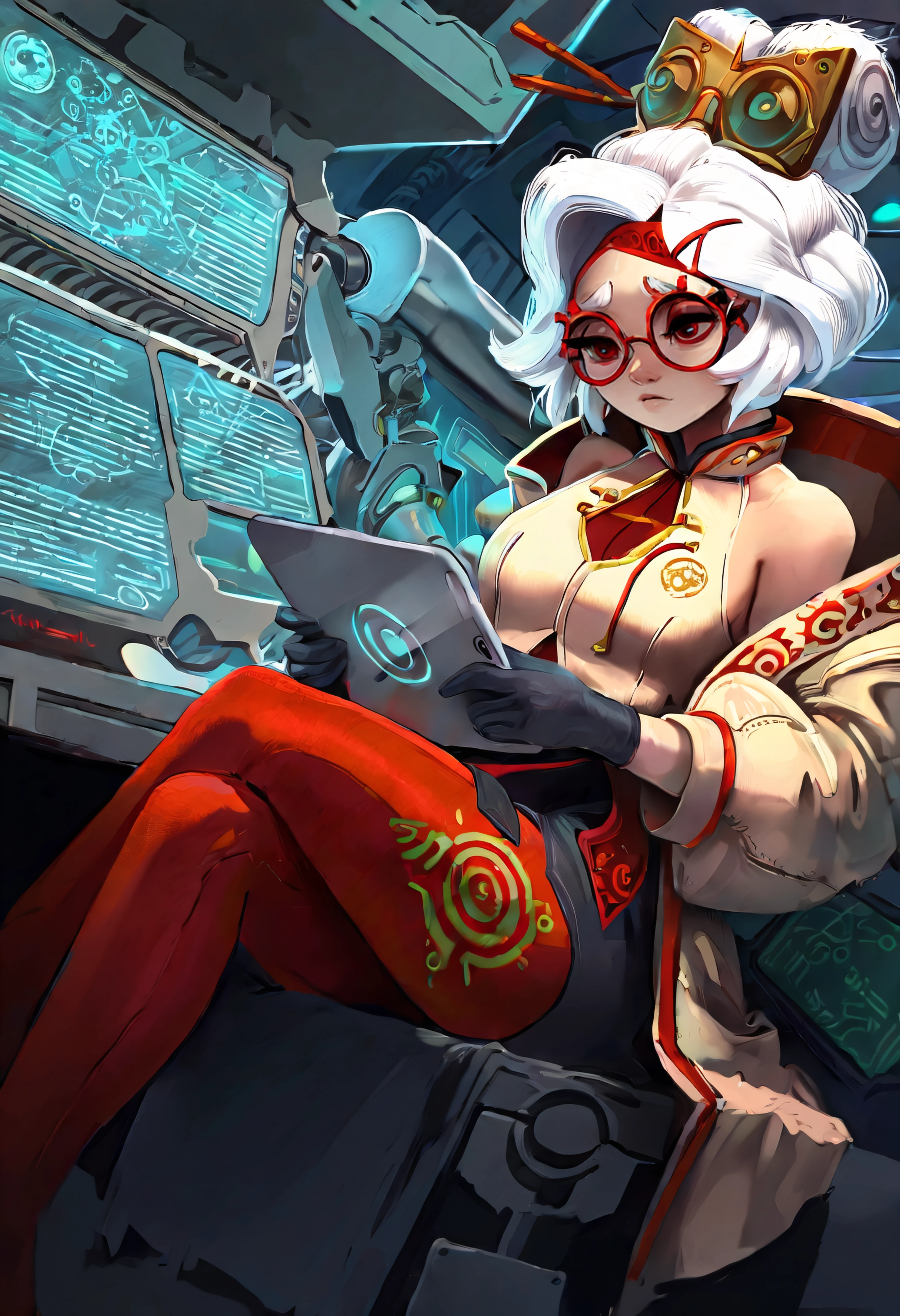 masterpiece, best quality, very aesthetic, indoors,laboratory,technology,science fiction,1girl,pur4h, white hair, red eyes, hair bun,hair ornament, red headband, red glasses, sleeveless shirt, beige shirt, beige jacket, red trim, open jacket, black skirt, red leggings, gloves,sitting,holding tablet pc,reading <lora:ujac_n11:1> <lora:purah-illu-nvwls-v1:0.8>