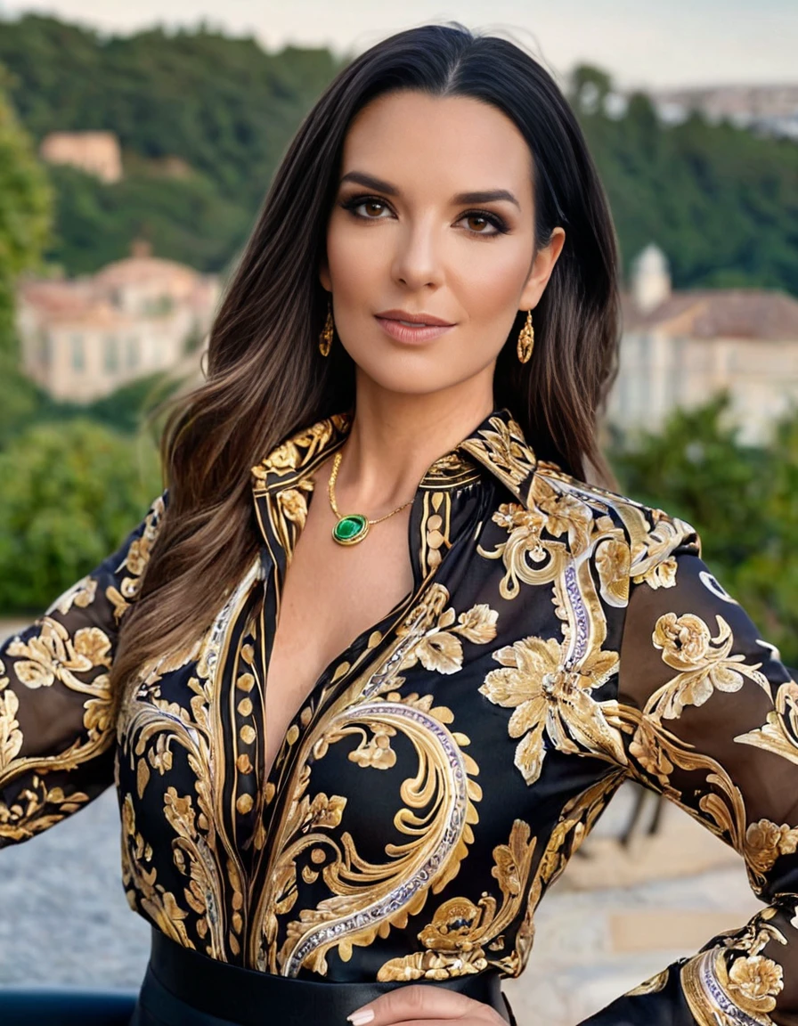 glamorous photo of Photorealism <lora:RalliSDXL-000009:1>, full-body photo of 40yo RalliSDXL wearing (intricate:1.1) Versace silk shirt, perfect face, (perfect brown eyes:1.2), outdoors, looking at the viewer, imperfect skin, realistic skin texture, skin pores, subsurface scattering, looking at the viewer, Photorealism, often for highly detailed representation, photographic accuracy, or visual illusion., high fashion, luxurious, extravagant, stylish, sensual, opulent, elegance, stunning beauty, professional, high contrast, detailed