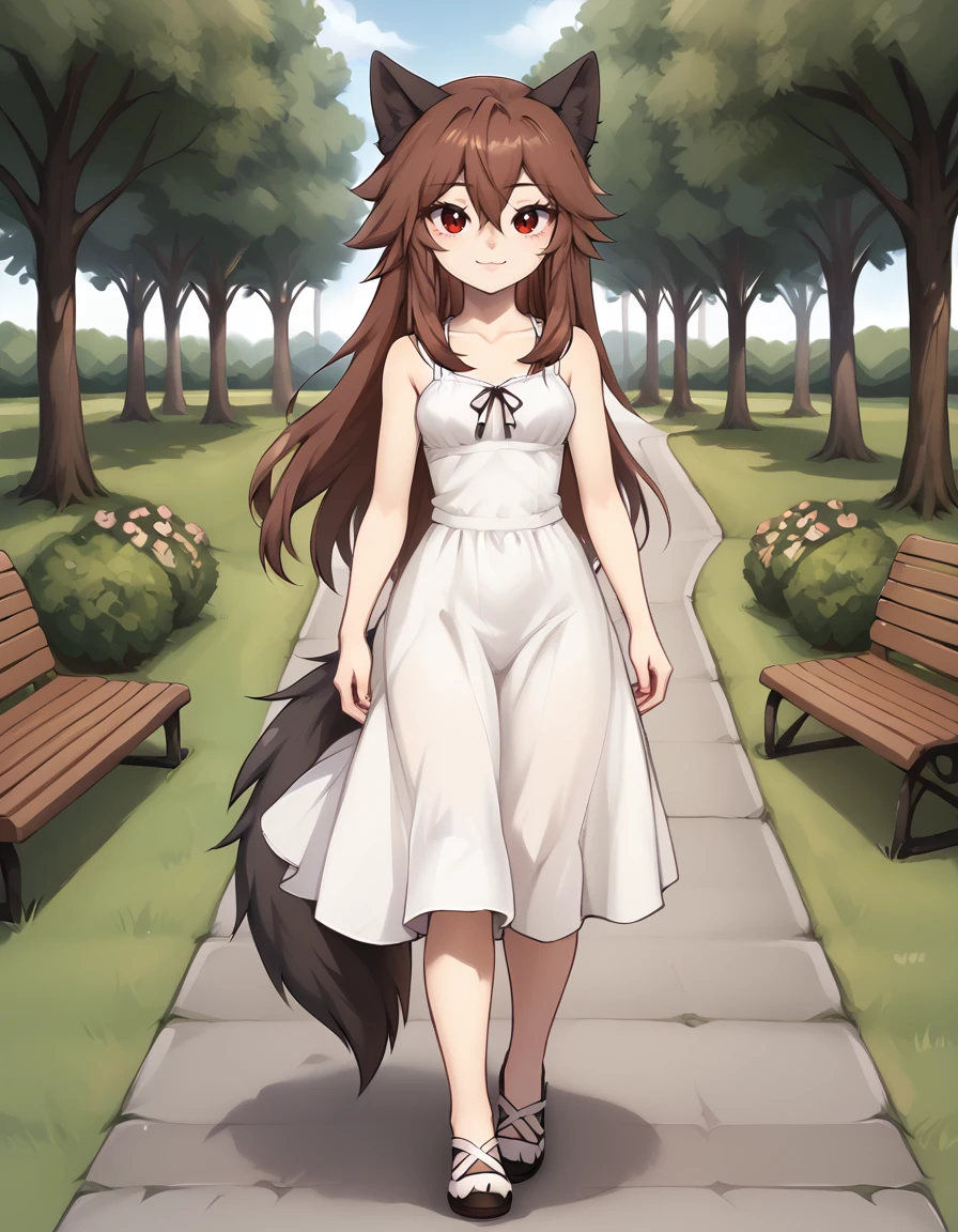 outdoors,park,
full body,smile,long eyelashes,
sundress,
<lora:Crydiaa_v01_PDXL:1>,Crydiaa,1girl,solo,brown hair,long hair,hair between eyes,wolf ears,red eyes,wolf tail,