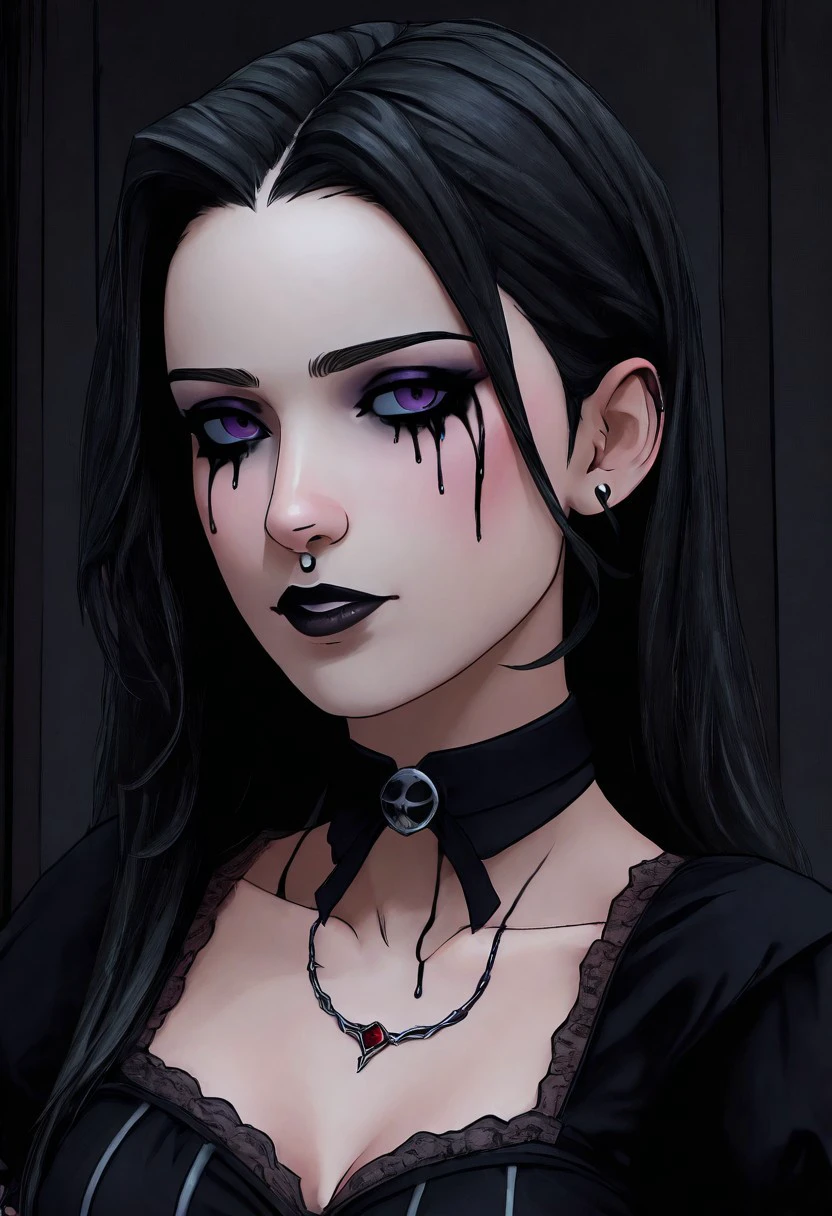 WolfAmongUSStyle-IL.V1.0, best quality, masterpiece, 1girl, goth girl, gothic, makeup, runny makeup