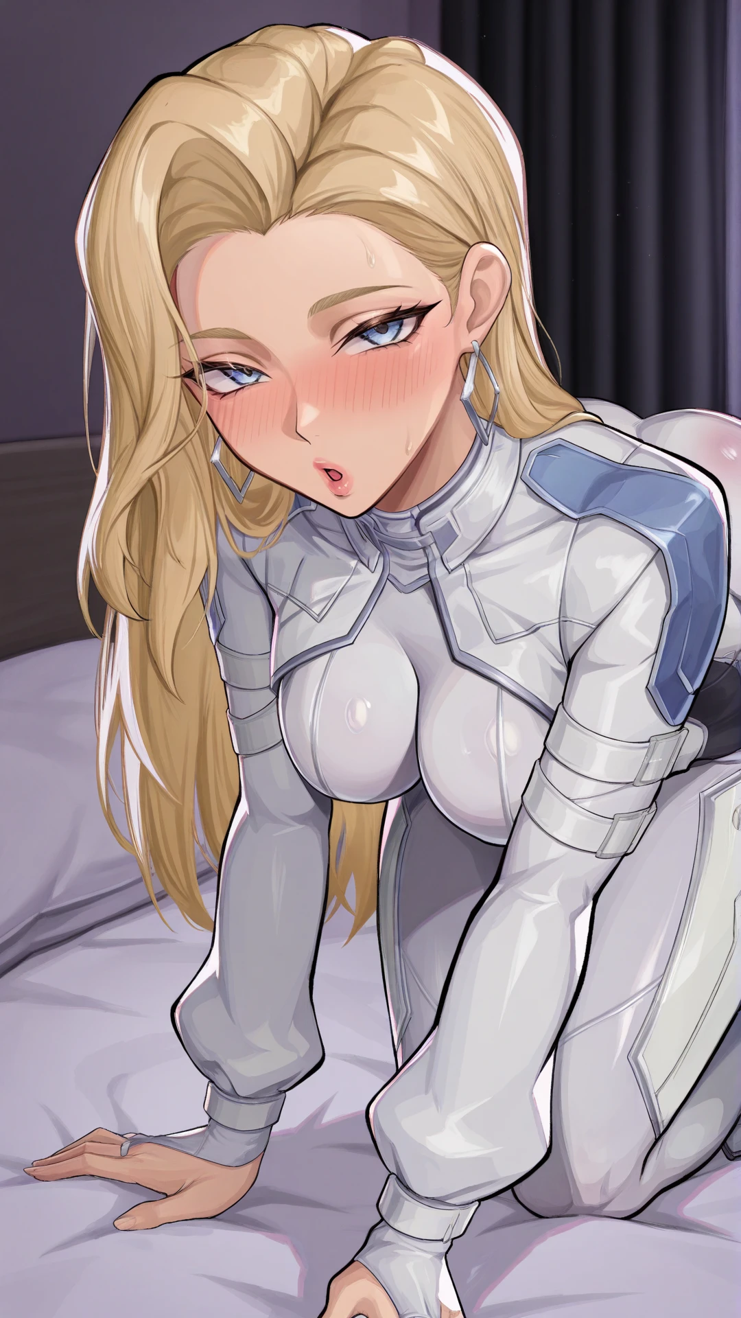 masterpiece, best quality, very aesthetic, high resolution, ultra-detailed, absurdres, newest, mature female, 
<lora:Dagger_Illu_Dwnsty:0.8>, dagger_mvr, blue eyes, blonde hair, long hair, hair behind ear, hoop earrings, white bodysuit, skin tight, white jacket, cropped jacket, white footwear, white gloves, bridal gauntlets, 
medium breasts, (lips), (full-face blush:1.2), (body blush:1.2),  extremely detailed eyes, looking at viewer, 
indoors, on bed, all fours, :o, aroused, naughty face, bed sheet, pillow, curtains, dark theme, rim light,