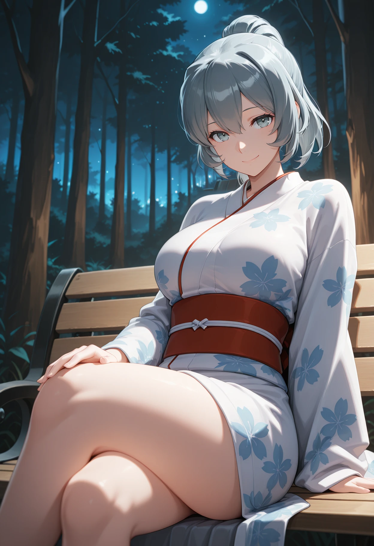 masterpiece, best quality, absurdres, 1girl, solo, looking at viewer,  <lora:syr_flova:1>, syr_flova, grey hair, grey eyes, japanese clothes, crossed legs, forest, on bench, smile, night,