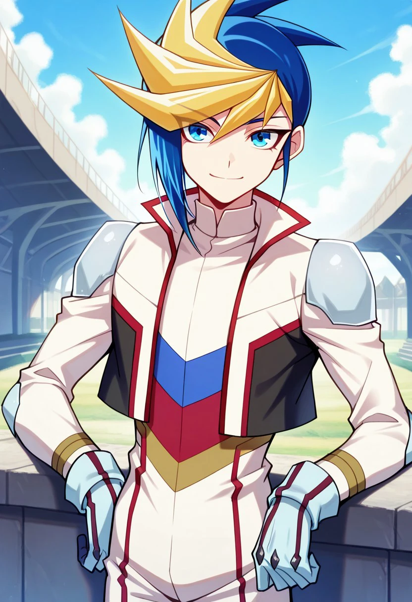 masterpiece, best quality, 
yugo, 1boy, male focus, solo, blue eyes, multicolored hair, two-tone hair, spiked hair, dyed bangs, blue hair, blonde hair, jumpsuit, white jumpsuit, multicolored jumpsuit, jacket, white jacket, shoulder protectors, gloves, smile, 
outdoor,